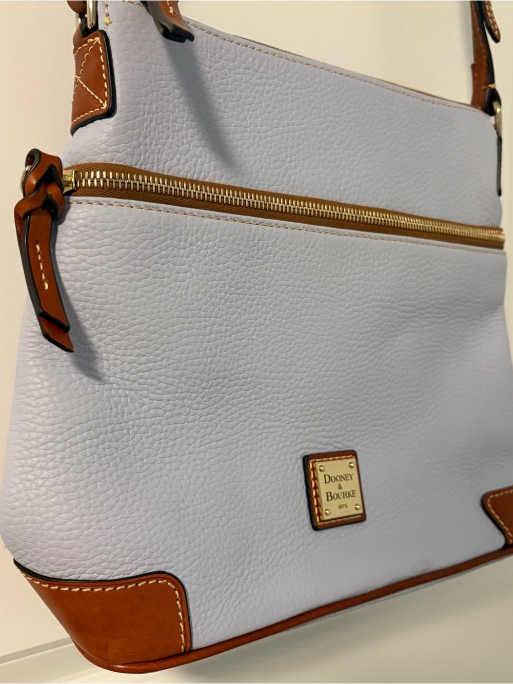 Dooney & Bourke Blue Pebble Leather Shoulder Bag with Tan Trim
